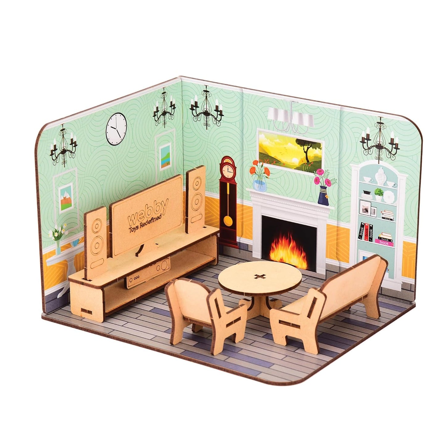 Webby Toys Kids' DIY Wooden Living Room Doll House with Furniture