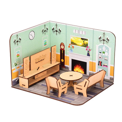 Webby Toys Kids' DIY Wooden Living Room Doll House with Furniture