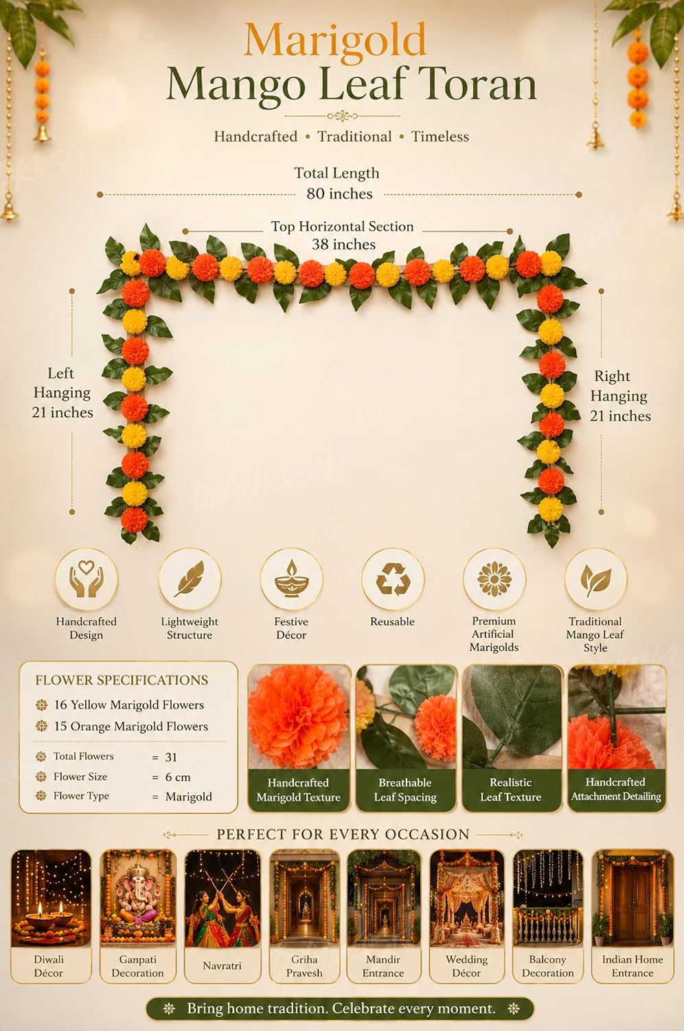 Divyakosh Mango Leaf Vine/Creeper with Marigold Flowers