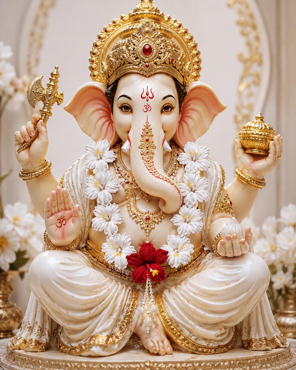 Handmade Artificial Red White Flower Haar for Ganpati
