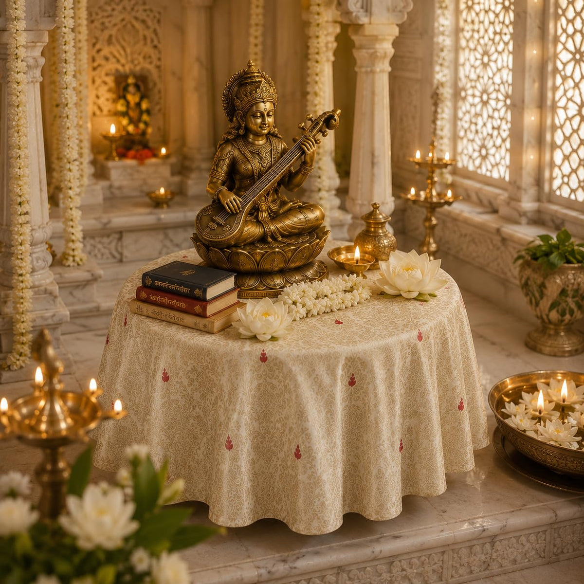 Ivory Brocade Silk Round Thali & Chowki Cover