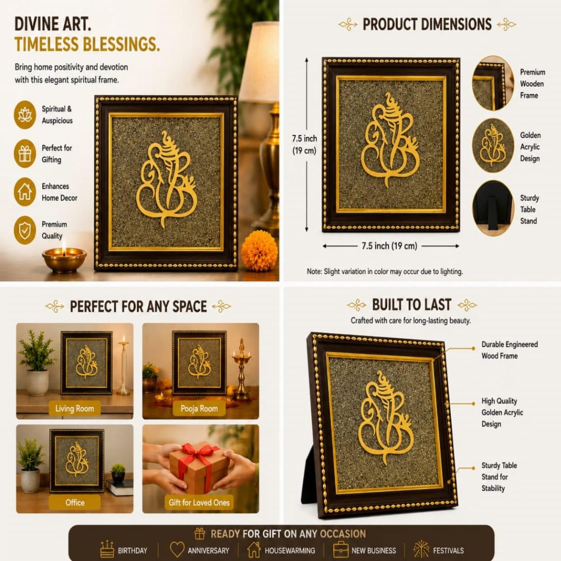 Pyramid Creation Ganesha Pyrite Stone Wooden Wall Frame