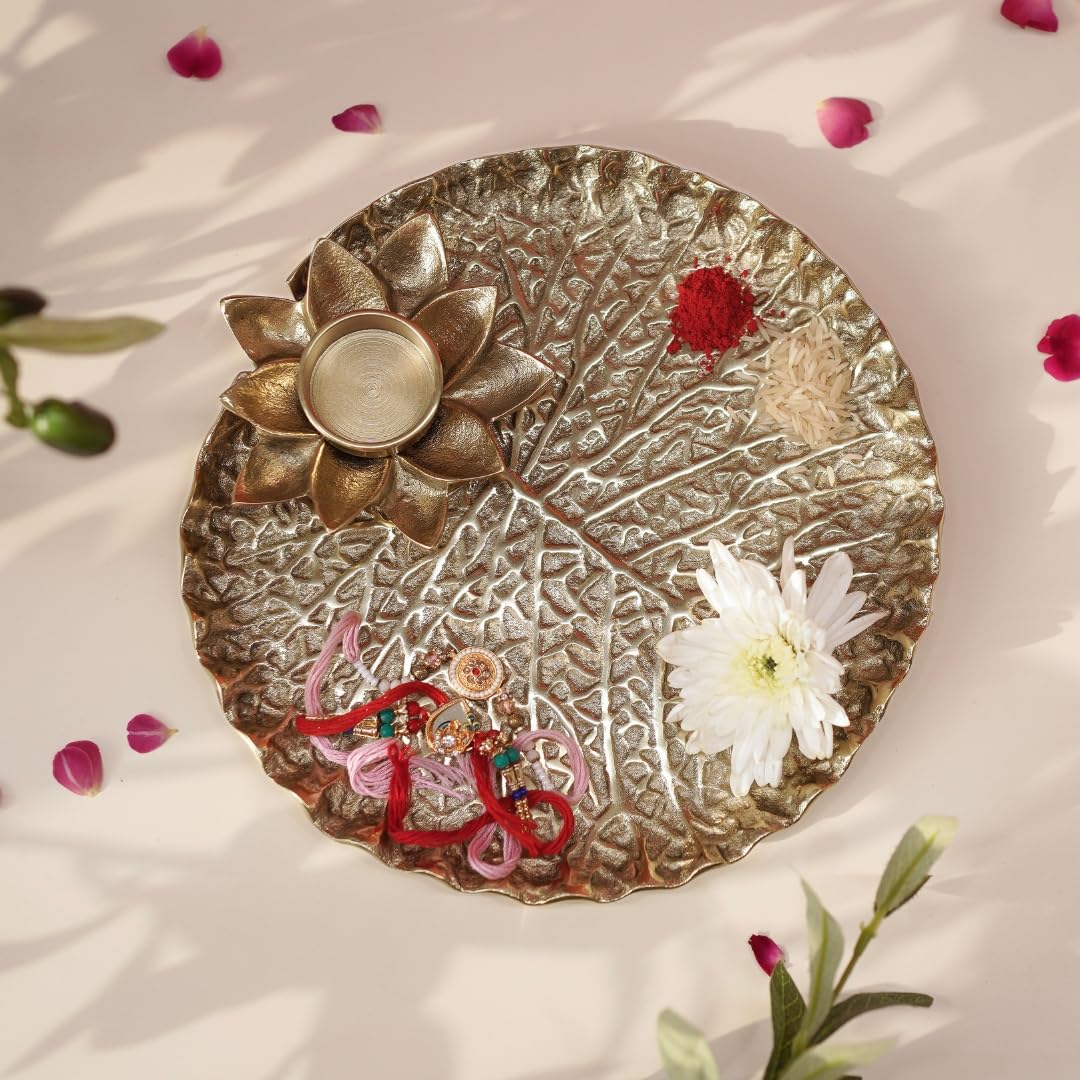 BEHOMA Golden Metal Lotus Pooja Thali with Tea-Light Holder