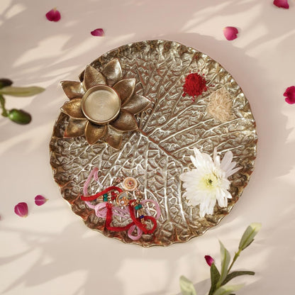 BEHOMA Golden Metal Lotus Pooja Thali with Tea-Light Holder