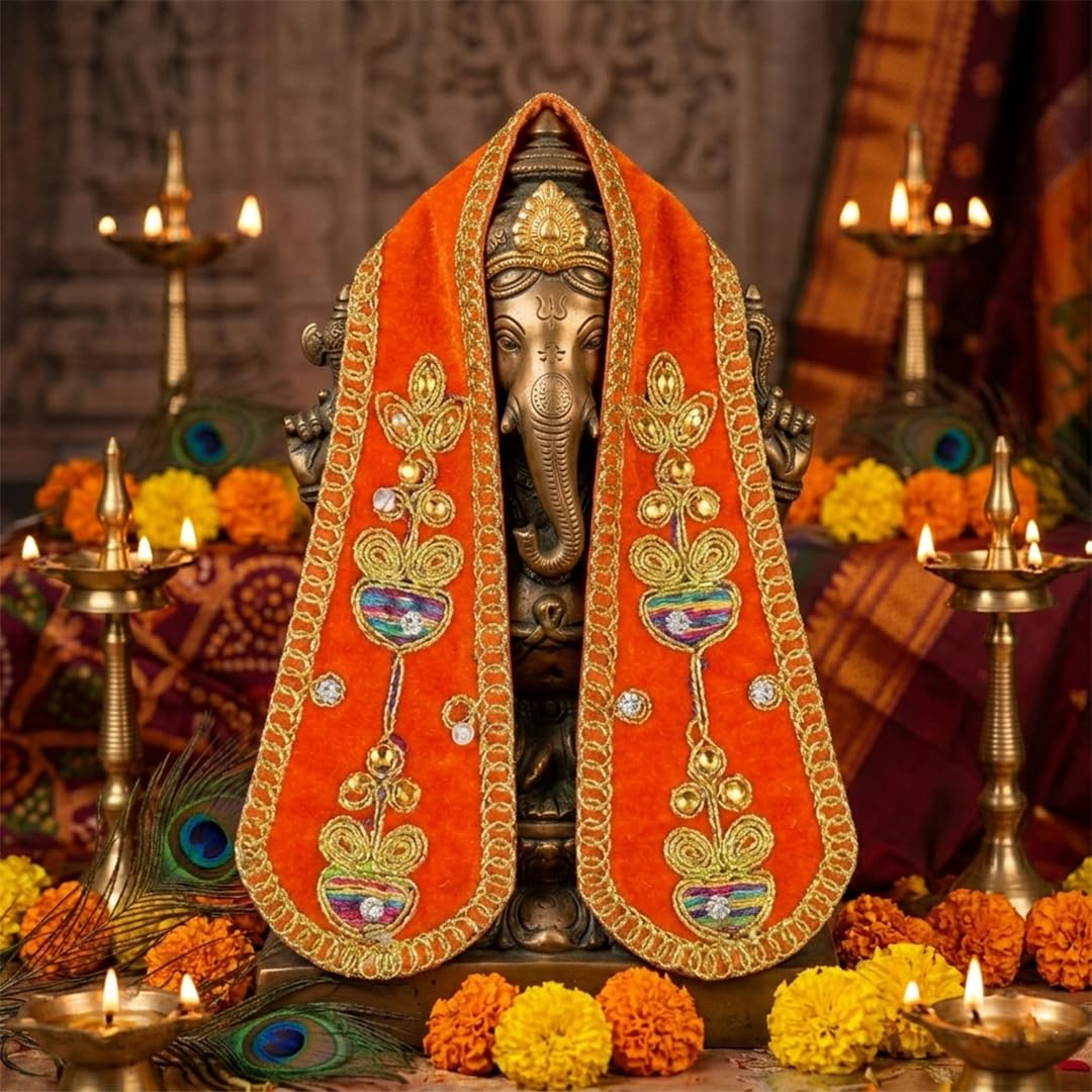 Premium Orange Ganpati Shela for Idol  Velvet Ganesha Dupatta