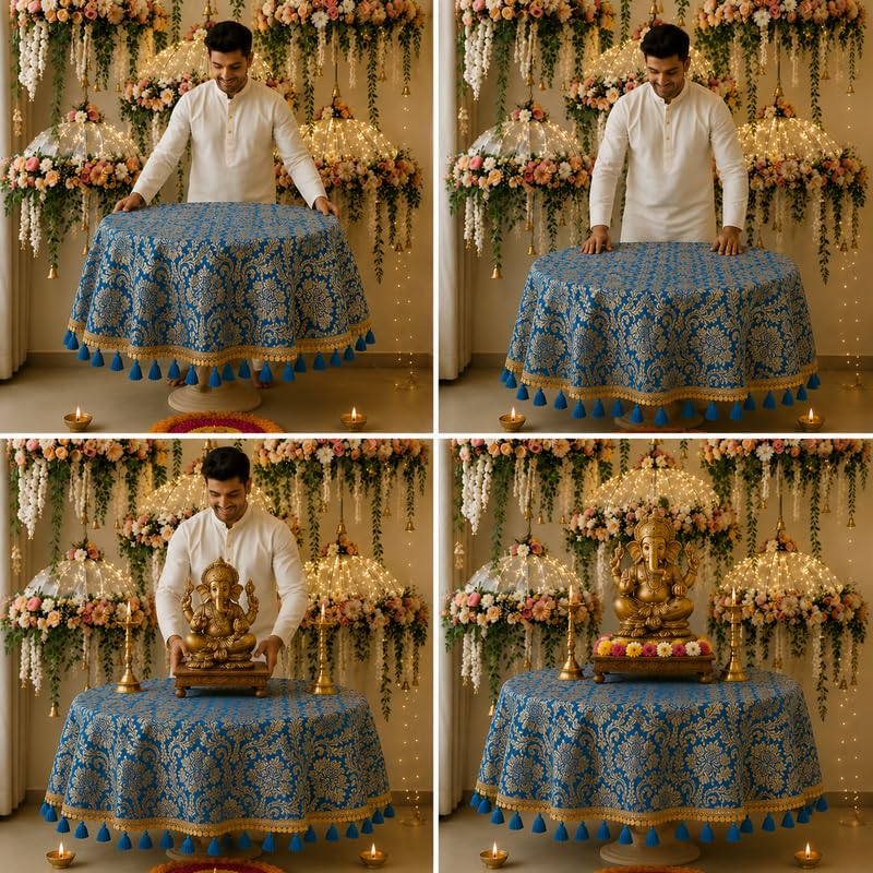 Blue Brocade Silk Round Thali & Chowki