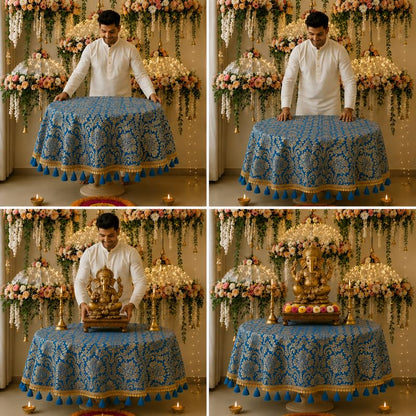 Blue Brocade Silk Round Thali & Chowki