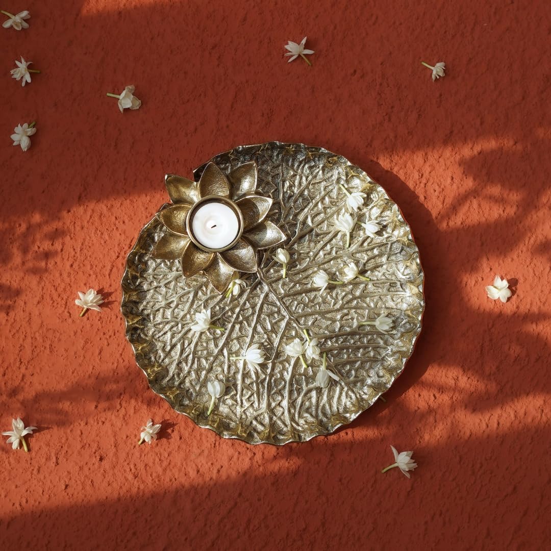 BEHOMA Golden Metal Lotus Pooja Thali with Tea-Light Holder