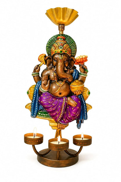 Peshwa Ganesha Diya Stand with Umbrella | Handcrafted Metal Oil Lamp Holder