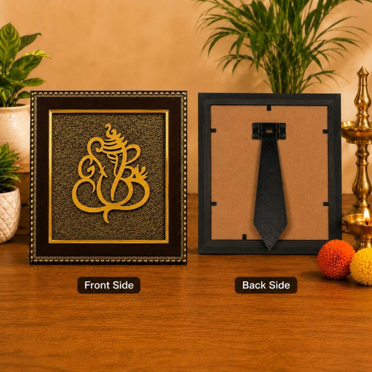 Pyramid Creation Ganesha Pyrite Stone Wooden Wall Frame