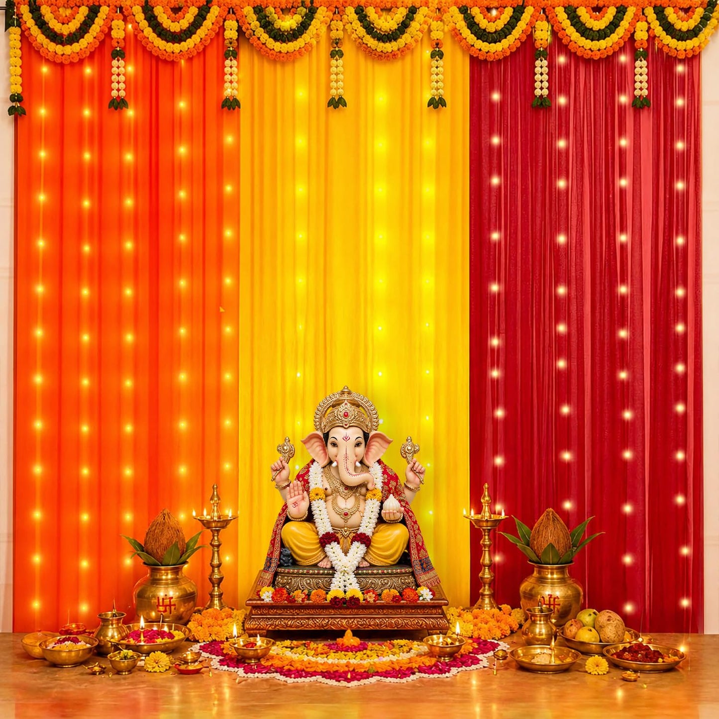 Party Propz Yellow Orange Red Ganpati Backdrop Decoration