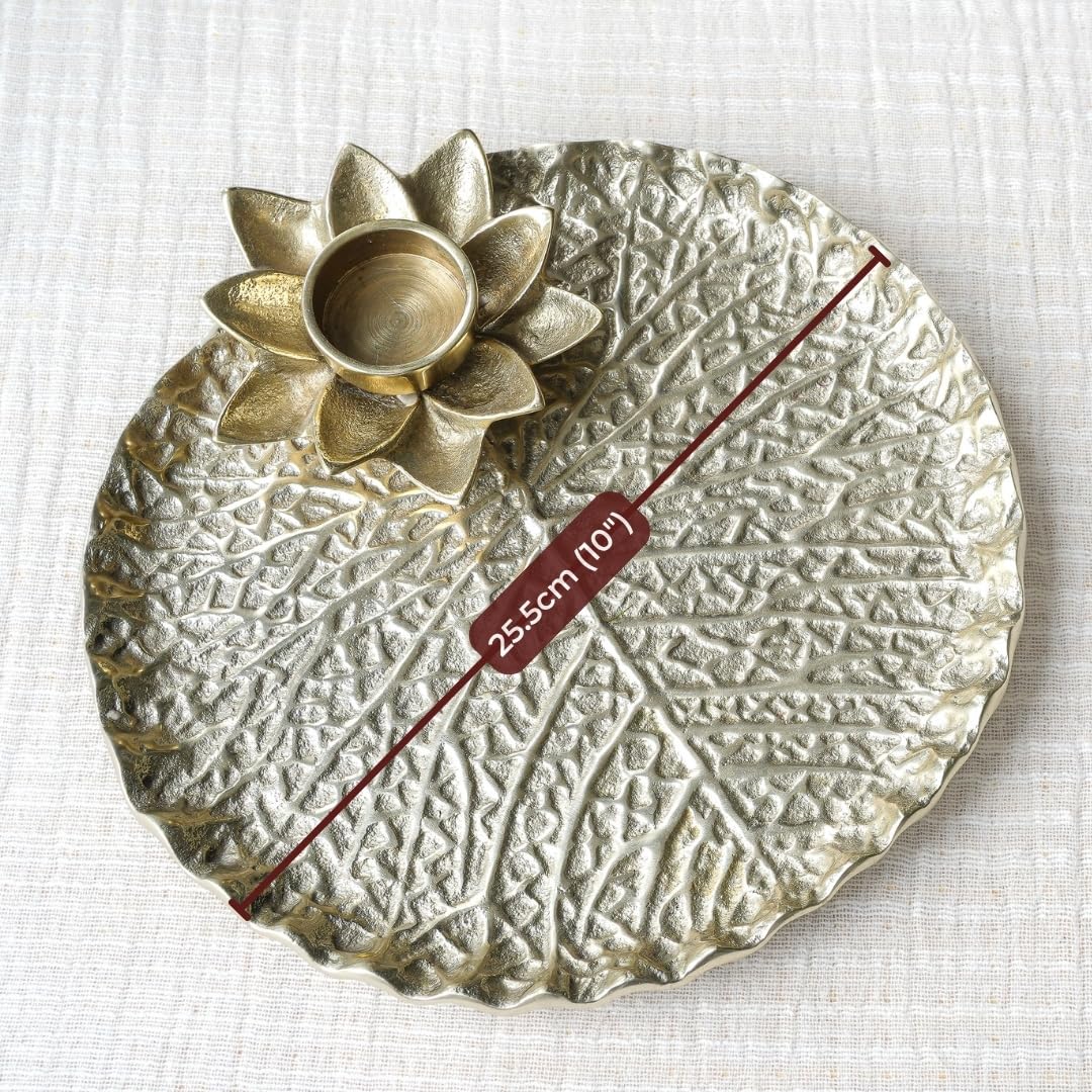 BEHOMA Golden Metal Lotus Pooja Thali with Tea-Light Holder
