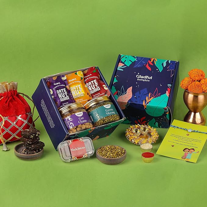 Gladful Rakhi Healthy Gift Hamper For Brother - Pack Of 10 Evil Eye Rakhi With Roasted Snacks Jars, 3 Date Nut Squares With Roli Chawal Tika Chopda Plate For Brother
