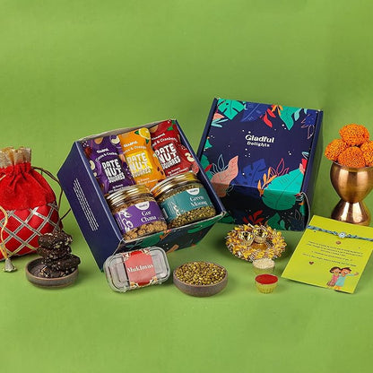 Gladful Rakhi Healthy Gift Hamper For Brother - Pack Of 10 Evil Eye Rakhi With Roasted Snacks Jars, 3 Date Nut Squares With Roli Chawal Tika Chopda Plate For Brother