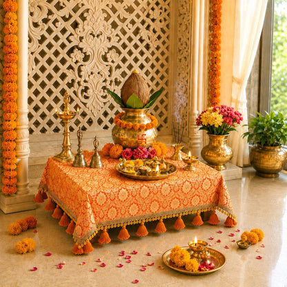 Orange Brocade Silk Luxurious Square Chowki Cover With Golden Lace