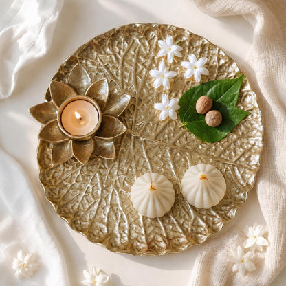 BEHOMA Golden Metal Lotus Pooja Thali with Tea-Light Holder