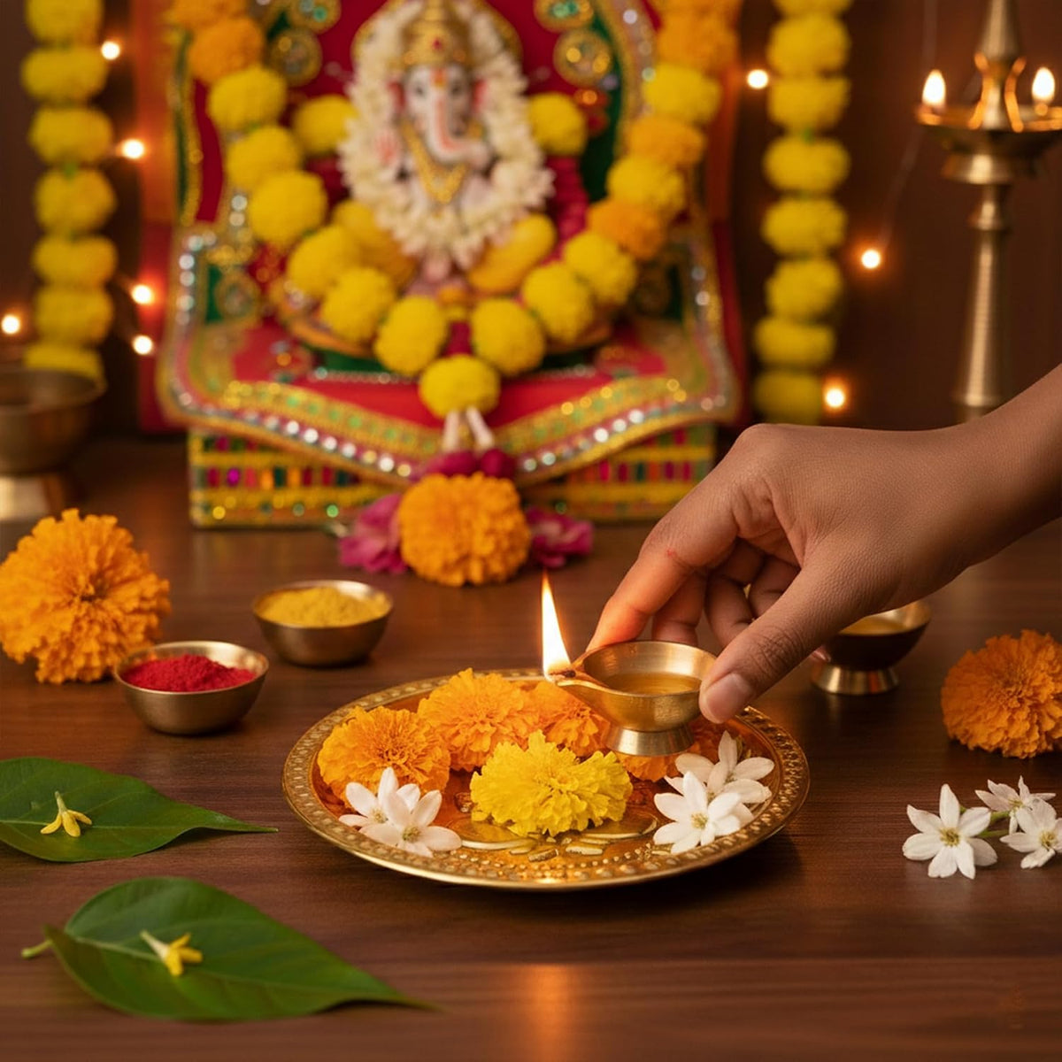 Brass Ganesha Pooja Thali | Small Brass Plate for Mandir
