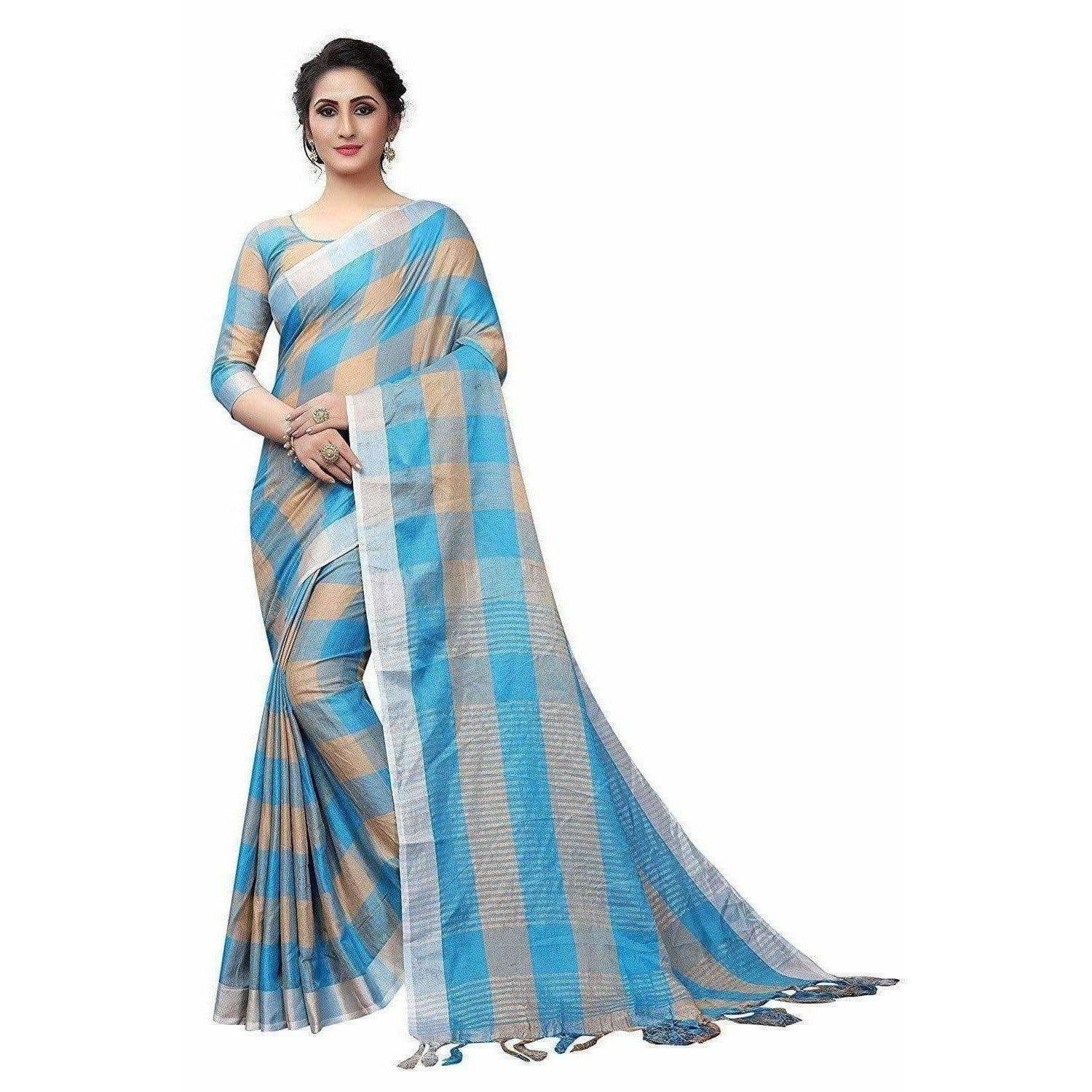 Checks Design - Linen Saree with Blouse Piece