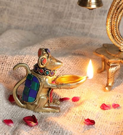 Two Moustaches Brass Ganesha Mouse Oil Lamp Diya