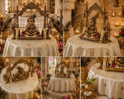 Ivory Brocade Silk Round Thali & Chowki Cover