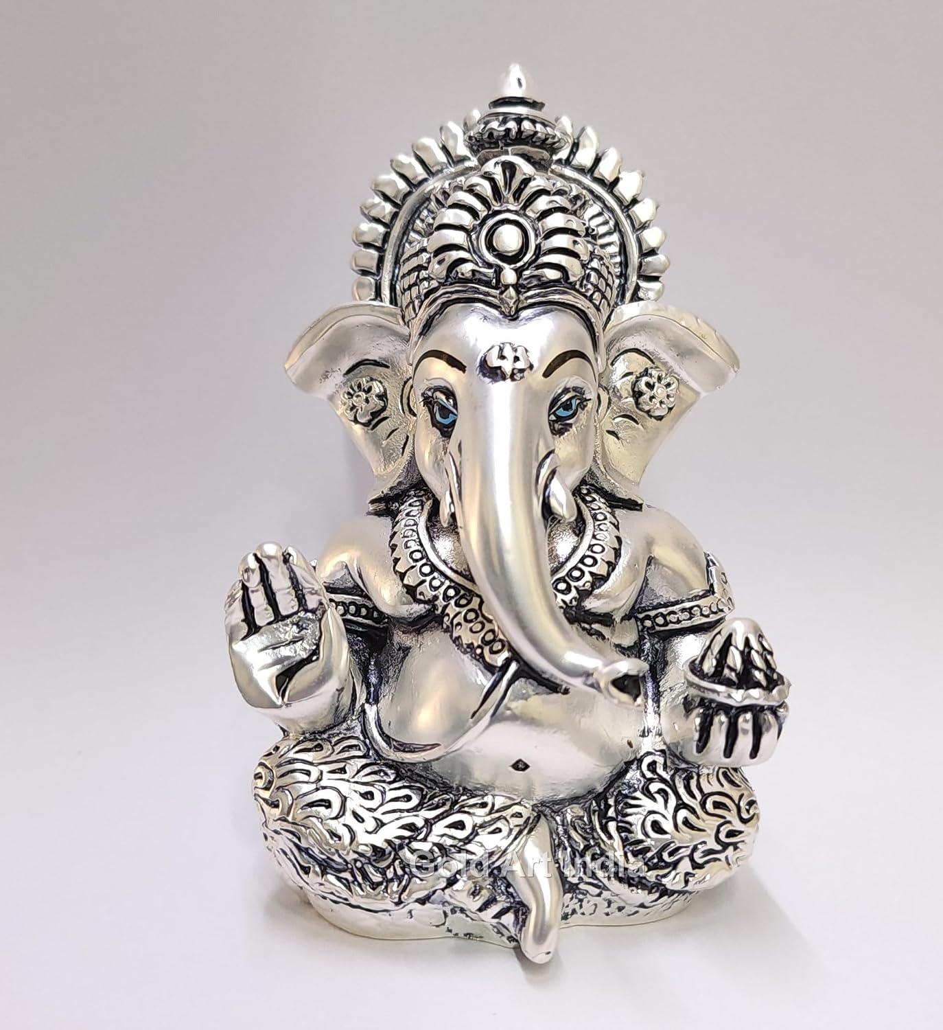 Gold Art India 999 Matte Silver Plated Antique Mukut Ganesha