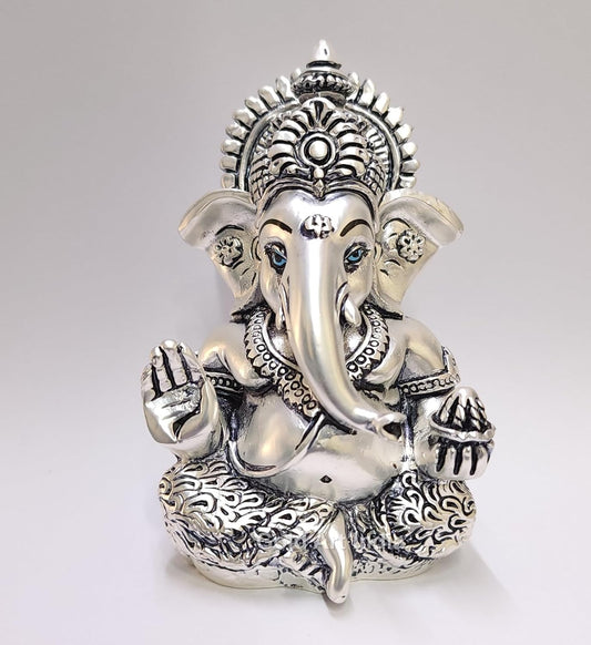 Gold Art India 999 Matte Silver Plated Antique Mukut Ganesha