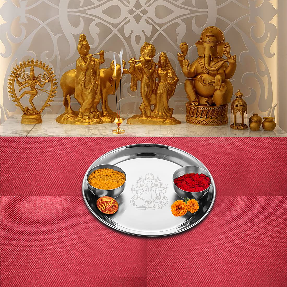 Shri & Sam Stainless Steel Pooja Thali Set Ganesh