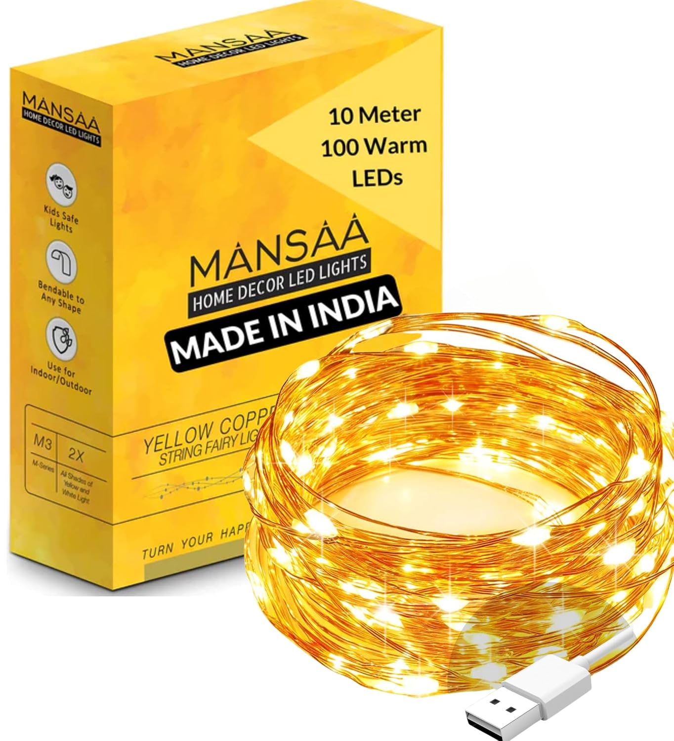 MANSAA 100 LED Fairy String Lights Copper Wire USB Powered Warm Yellow