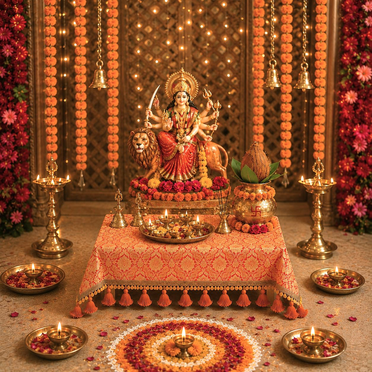 Orange Brocade Silk Luxurious Square Chowki Cover With Golden Lace