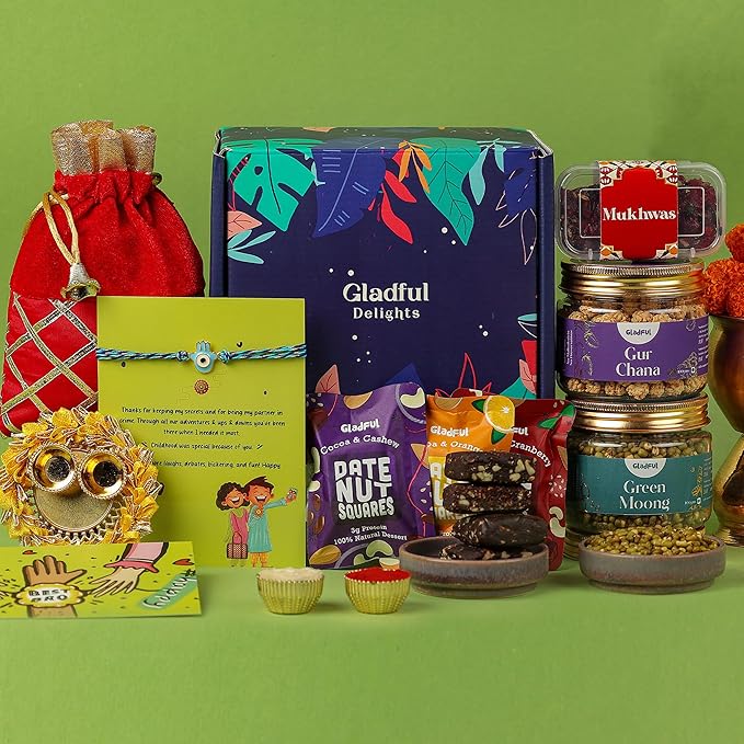Gladful Rakhi Healthy Gift Hamper For Brother - Pack Of 10 Evil Eye Rakhi With Roasted Snacks Jars, 3 Date Nut Squares With Roli Chawal Tika Chopda Plate For Brother