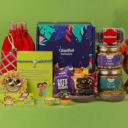 Gladful Rakhi Healthy Gift Hamper For Brother - Pack Of 10 Evil Eye Rakhi With Roasted Snacks Jars, 3 Date Nut Squares With Roli Chawal Tika Chopda Plate For Brother
