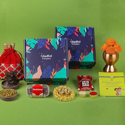 Gladful Rakhi Healthy Gift Hamper For Brother - Pack Of 10 Evil Eye Rakhi With Roasted Snacks Jars, 3 Date Nut Squares With Roli Chawal Tika Chopda Plate For Brother