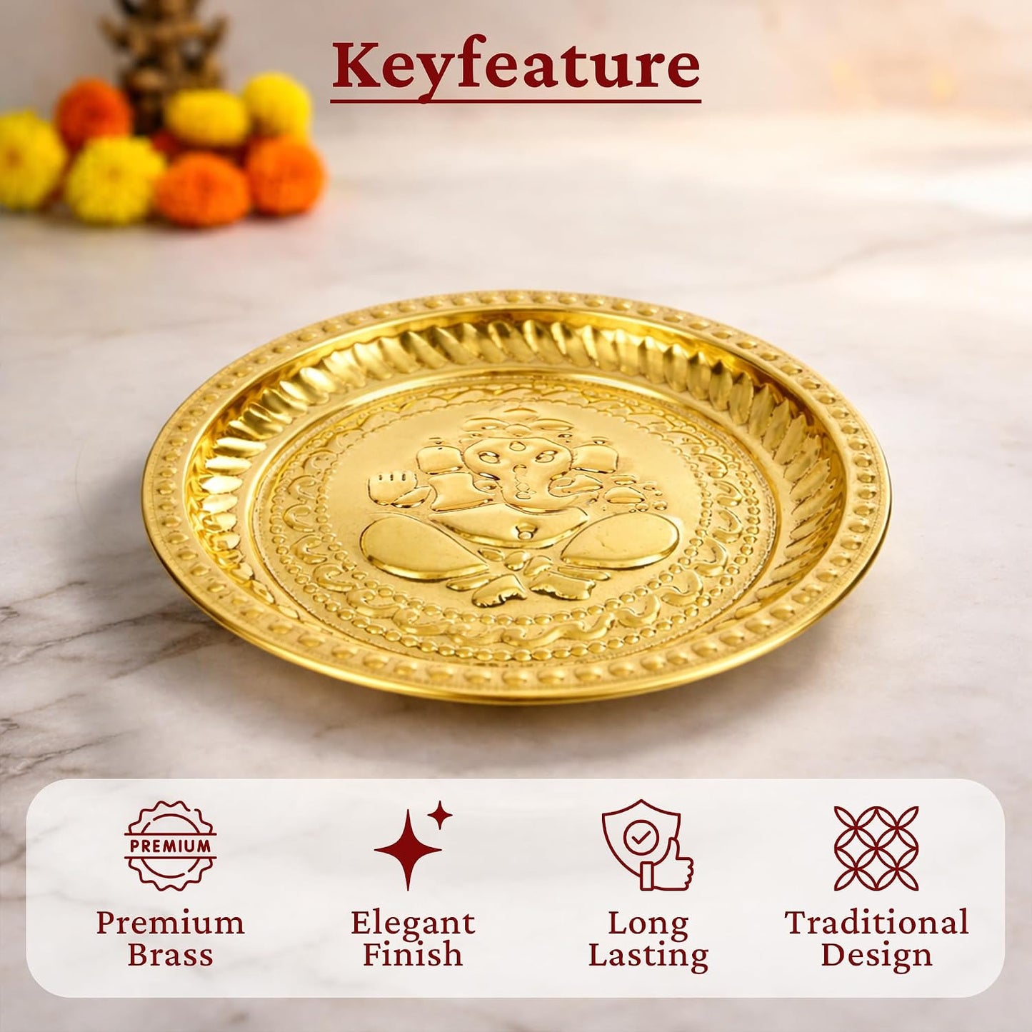 Brass Ganesha Pooja Thali | Small Brass Plate for Mandir