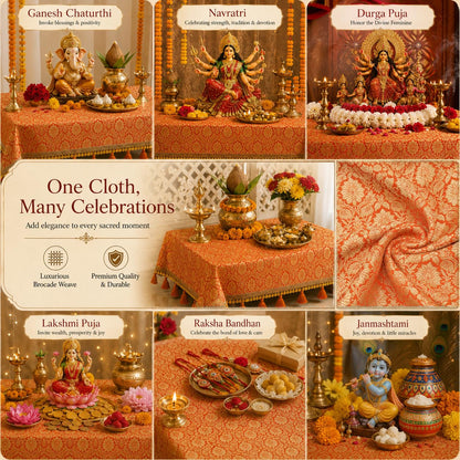 Orange Brocade Silk Luxurious Square Chowki Cover With Golden Lace