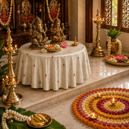 Ivory Brocade Silk Round Thali & Chowki Cover
