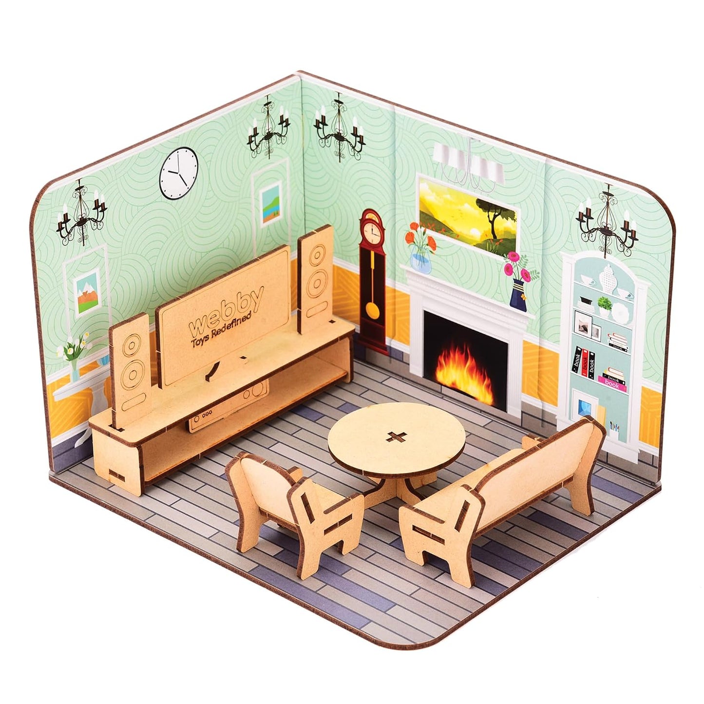 Webby Toys Kids' DIY Wooden Living Room Doll House with Furniture