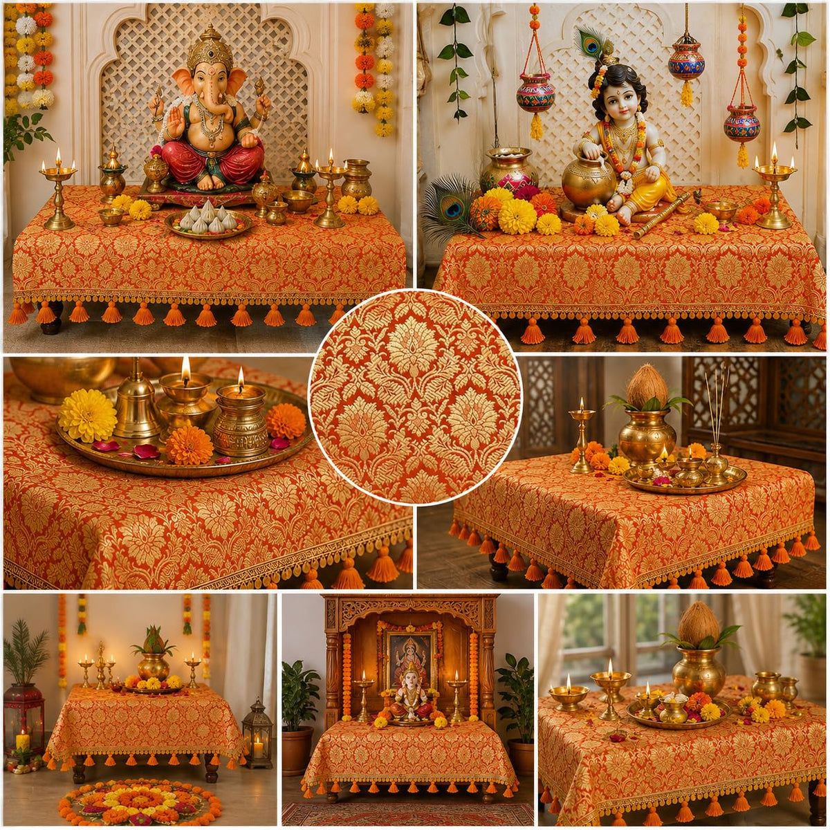 Orange Brocade Silk Luxurious Square Chowki Cover With Golden Lace