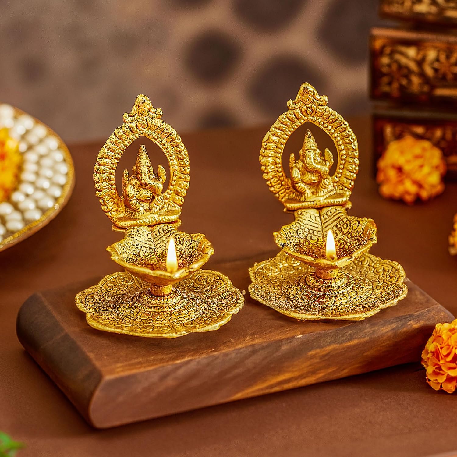 TIED RIBBONS Ganesh Metal Diya Oil Lamp Deepak