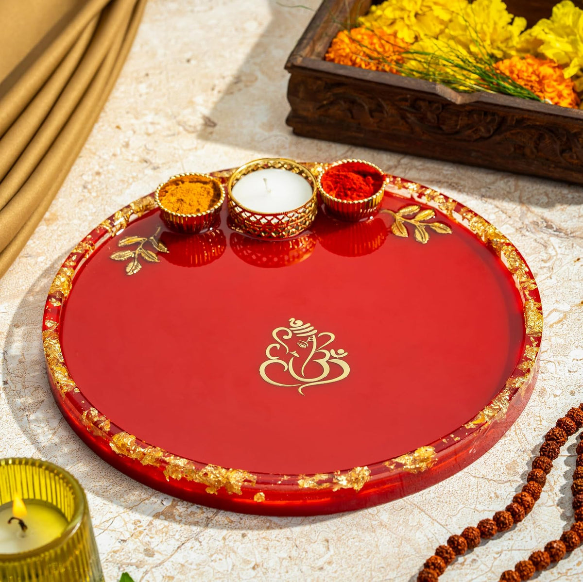 Handcrafted Resin Puja Thali with Golden Ganpati