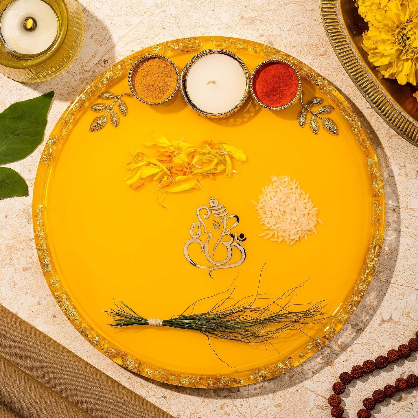 Handcrafted Resin Puja Thali with Golden Ganpati