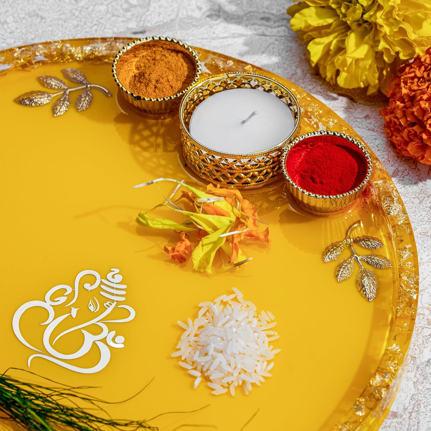 Handcrafted Resin Puja Thali with Golden Ganpati