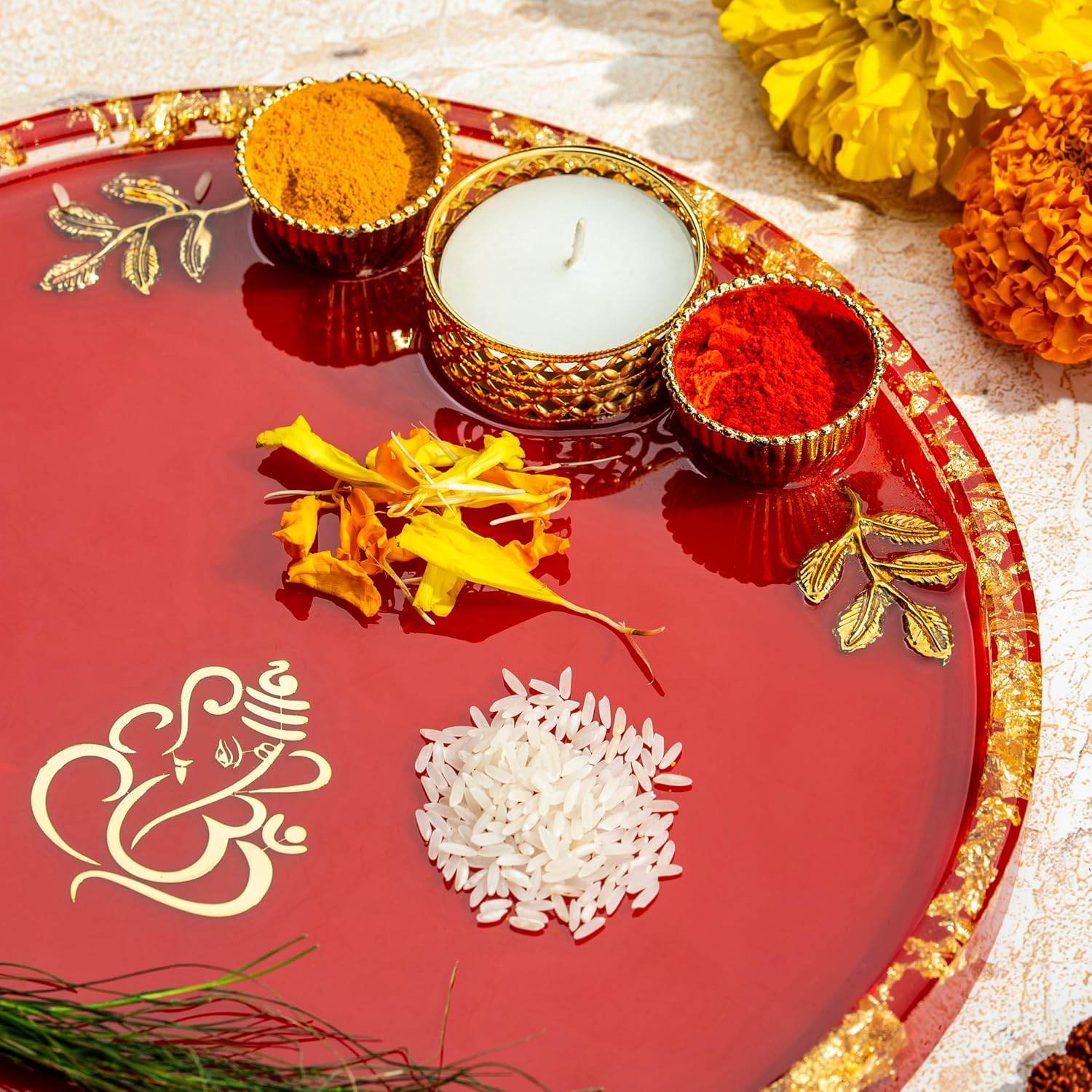 Handcrafted Resin Puja Thali with Golden Ganpati