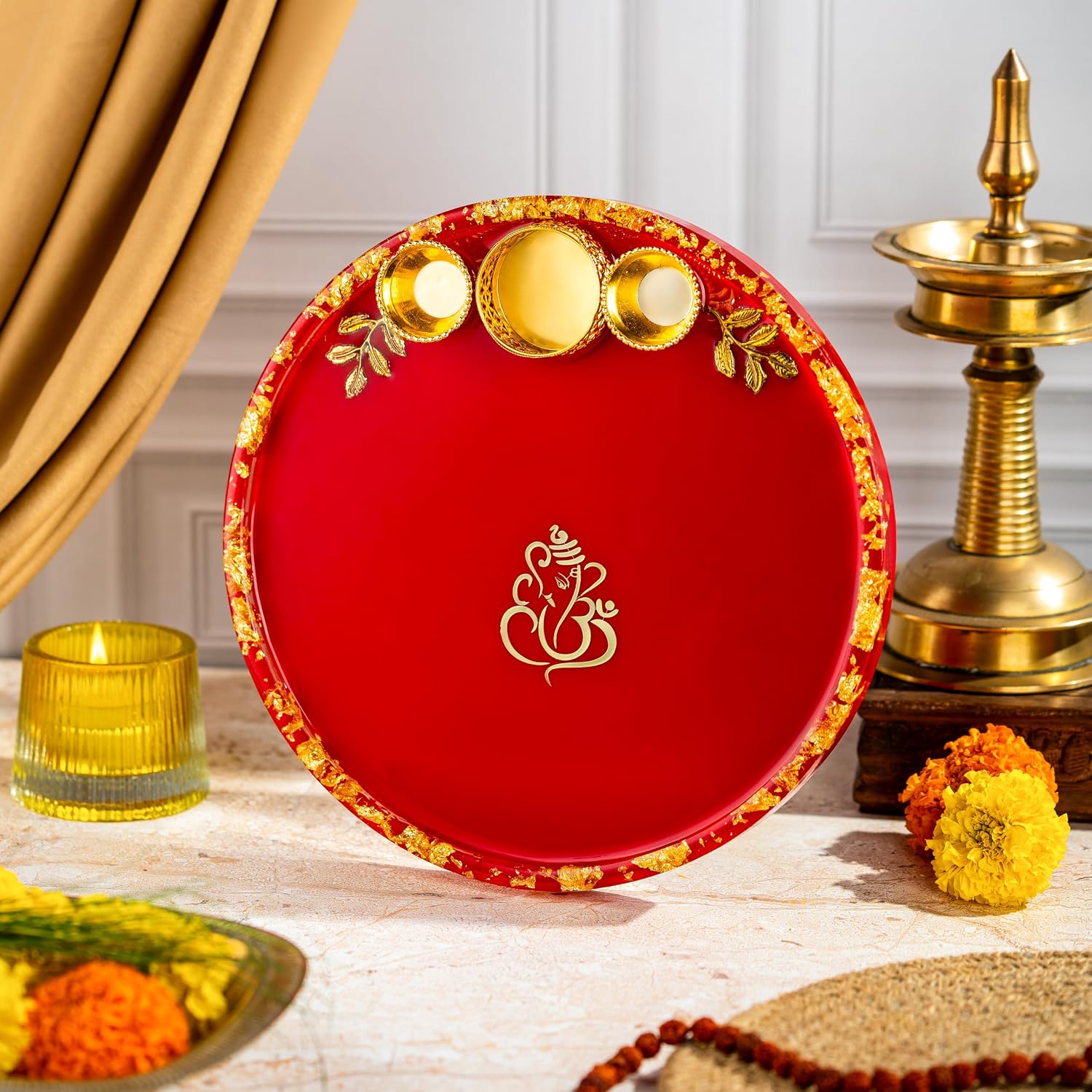 Handcrafted Resin Puja Thali with Golden Ganpati