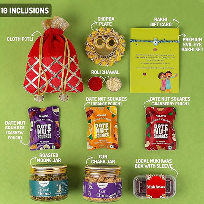 Gladful Rakhi Healthy Gift Hamper For Brother - Pack Of 10 Evil Eye Rakhi With Roasted Snacks Jars, 3 Date Nut Squares With Roli Chawal Tika Chopda Plate For Brother