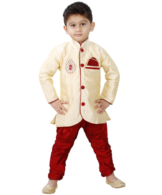 Vastramay Boys' Gold Cotton Silk Kurta and Pyjama Set