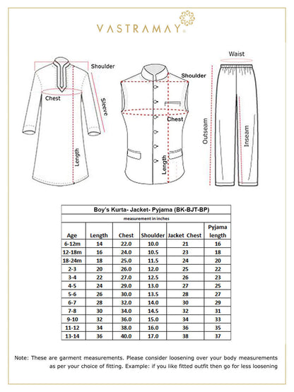 JBN CREATION Boys' Gold Cotton Silk Blend Kurta, Nehru Jacket and Pyjama Set