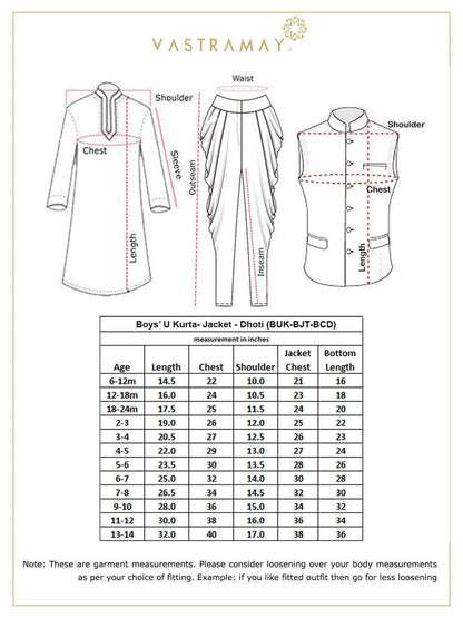 Vastramay Boys' Blue Cotton Silk Blend Ethnic Jacket, Golden Kurta and Dhoti Pant Set