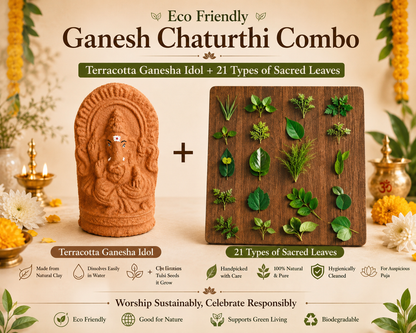 Eco-friendly Ganesh idol with 21 sacred leaves for Ganesh Chaturthi.