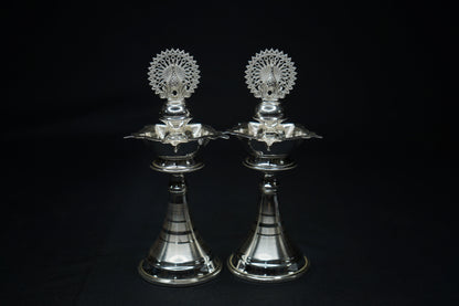 Pure Silver Diya With Peacock