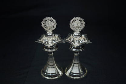 Pure Silver Diya With Peacock